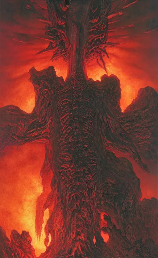 Image similar to a muscular demon rising up out of the fire in the many levels of hell surrounded by dead souls on fire, sense of awe, surreal hellscape by Wayne Barlowe, Pascal Blanche