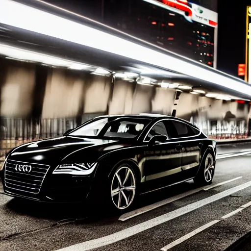 Prompt: photo of a black elongated audi a 7 sportsback at night driving fast through a shibuya, cinematic, 4 k, long exposure photography, tokyo drift, fast and furious, kodak portra 4 0 0