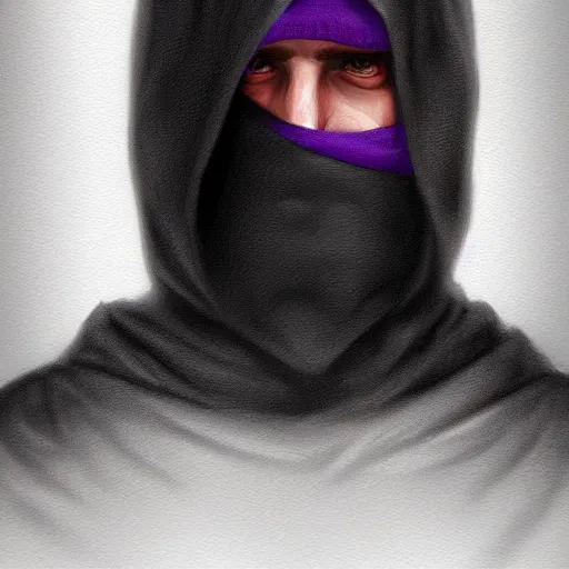 Image similar to ultra realistic illustration, man in a black hood, in a striped purple balaclava, mysterious, highly detailed, digital painting, artstation, concept art, smooth, sharp focus, illustration