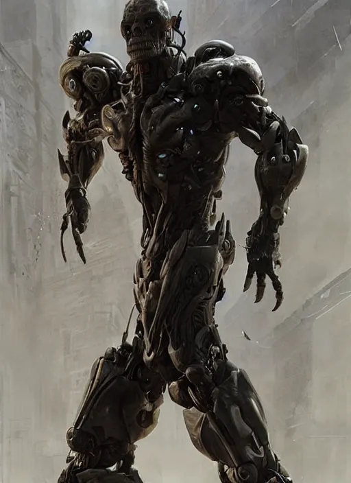 Image similar to willem dafoe as victor stone, full body concept, cyborg, borg, strogg, face of a man, terminator, flesh, quake strogg, doom demon, wolfenstein, monstrous, symmetry, symmetrical, concept art by ruan jia and greg rutkowski