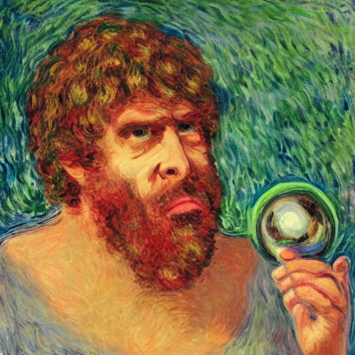 Prompt: caveman with a tinfoil hat, divination ball, portrait by monet