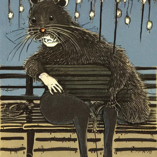 Image similar to sad anthropomorphic rat, by ralph steadman, sad, lonely, moody lighting, wearing a fur coat, in the rain, at night, sitting on a park bench