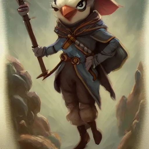 Image similar to cute little anthropomorphic bird, wielding a magic staff, tiny, small, short, Wizard robe, cute and adorable, pretty, beautiful, DnD character art portrait, matte fantasy painting, DeviantArt Artstation, by Jason Felix by Steve Argyle by Tyler Jacobson by Peter Mohrbacher, cinema