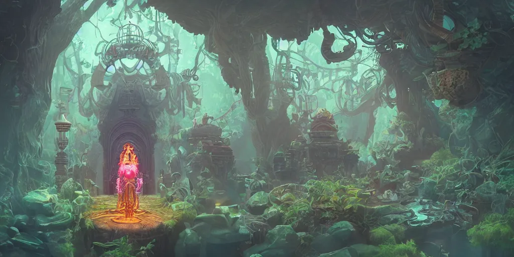 Image similar to 3 d scene of temple portal modelling goddess close - woodsman wearing a steampunk and neonpunk mechanical fluorescent mystical animal mask in strange misty mountain landscape. betta fish, jellyfish phoenix, bio luminescent, plasma, ice, water, wind, creature, artwork by tooth wu and wlop and beeple and greg rutkowski