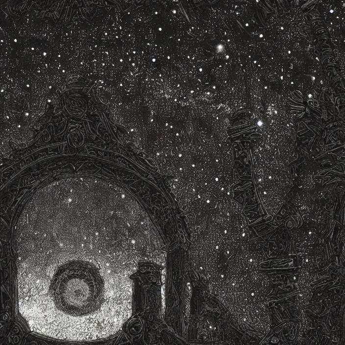 Prompt: gazing through a black gate to the void, clear night sky, intricate high detail masterpiece, hd