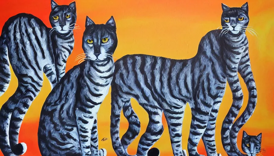 Prompt: messy acrylic painting of really tall cats by daniel patrick kessler, kessler art