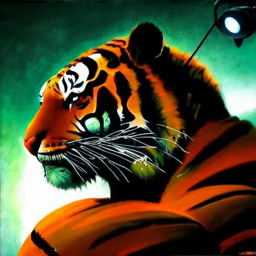 Prompt: a tiger dark and colorful close - up of a sci - fi mecha tiger robot with led lights glowing fog in the background. highly detailed science fiction painting by norman rockwell, frank frazetta, and syd mead. rich colors, high contrast, gloomy atmosphere, dark background. trending on artstation