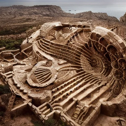 Image similar to a gigantic paleolothic torus made of stone with highly detailed carvings of intricate shamanic robotic electronics and circuitry, in a mediterranean lanscape, inside a valley overlooking the sea, in the style of michal karcz