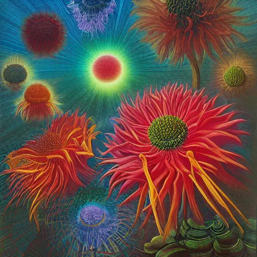 Image similar to Chrysanthemum supernova by Wojciech Siudmak, Vladimir Kush Ernst Fuchs, oil on matte canvas, backlite