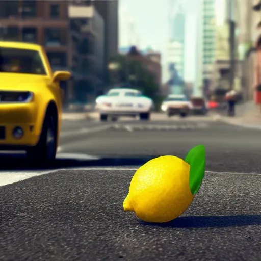 Image similar to A lemon getting run over by a car, Dramatic camera shot, Realistic, Unreal engine 5,