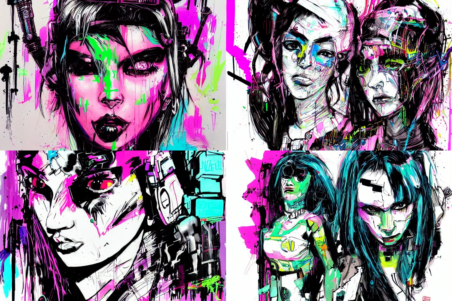 Prompt: concept art portrait of a cyberpunk girl by jim mahfood, graffiti, clean lines, messy