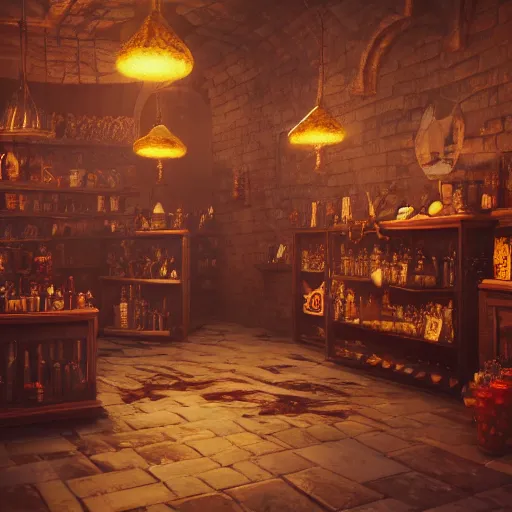 Image similar to inside a magical item shop, fantasy potion vendor interior, necromancy, ufotable studio art style, gothic interior, 8K, octane render, unreal engine,