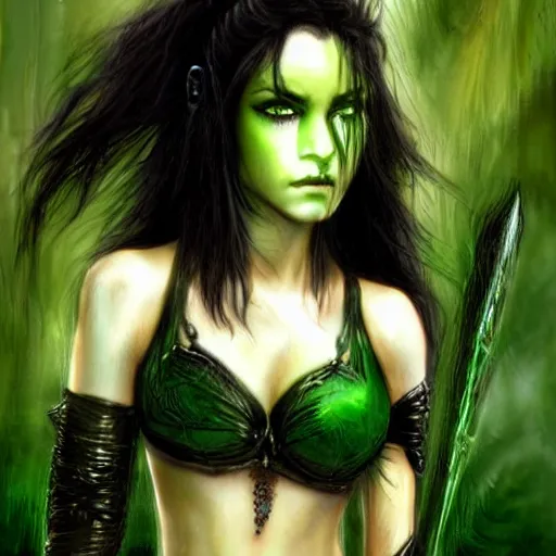 Image similar to female warrior, black hair, gorgeous bright green eyes, cinematic, by luis royo