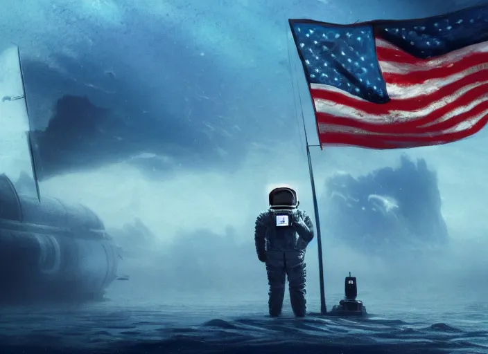 Image similar to astronaut holding a flag in an underwater desert. a submarine is visible in the distance. dark, concept art, cinematic, dramatic, atmospheric, 8 k, trending on artstation, blue, fish, low visibility, fog, ocean floor, christopher nolan, interstellar