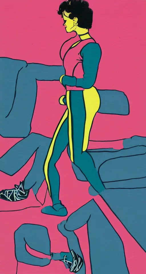 Image similar to full body portrait of an aerobics instructor with leotard and legwarmer in the 1980s in the style of Patrick Nagel, highly detailed,