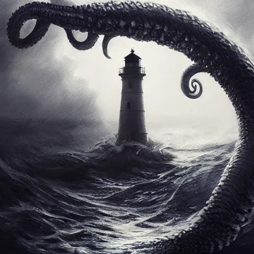 Prompt: ultra realistic illustration, a lighthouse by night being attacked by a kraken, the tentacles are wrapped around the lighthouse and there is water mist everywhere, moody, water, epic, creature, attack, tentacles, building, coast, intricate, elegant, highly detailed, digital painting, artstation, smooth, sharp focus, art by artgerm and greg rutkowski and alphonse mucha