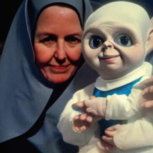 Image similar to a nun in church holding chucky the evil killer doll on her lap