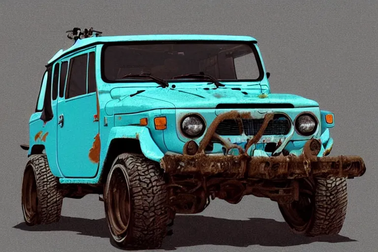 Image similar to digital illustration of a faded cyan mad max's fj 4 0 decrepit!!!! pursuit special, rusty!!! nissan fj cruiser heavily modded 1 9 9 0 s, the last v 8 interceptor by makoto shinkai, ilya kuvshinov, lois van baarle, rossdraws, basquiat