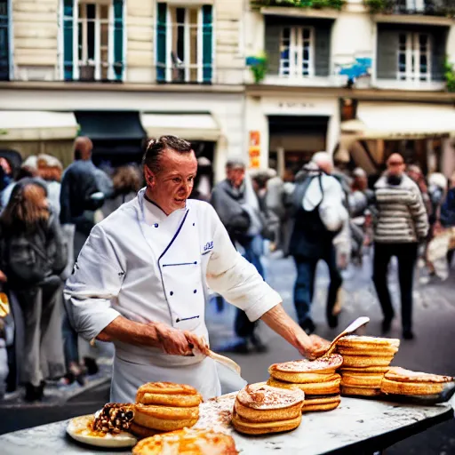 Prompt: closeup portrait of dutch chefs impressing the French people with superior pancakes in a street in Paris, by Steve McCurry and David Lazar, natural light, detailed face, CANON Eos C300, ƒ1.8, 35mm, 8K, medium-format print