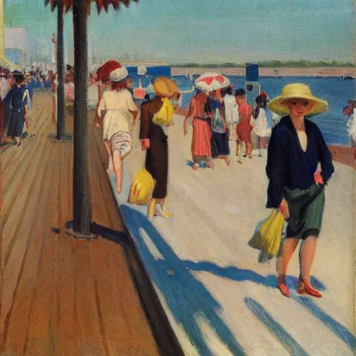 Prompt: people walking on the boardwalk on a hot summer day, 1 9 2 0 s, by john french sloan