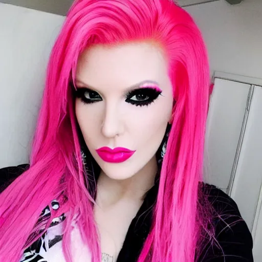 Prompt: jeffree star 2 0 0 0 s selfie with pink red hair