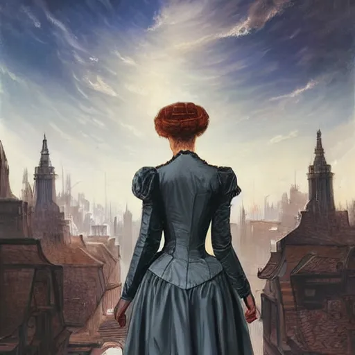 Prompt: portrait of a victorian lady in a futuristic city, from behind, streets, beautiful!, fully open sky, side buildings, highly detailed, digital painting