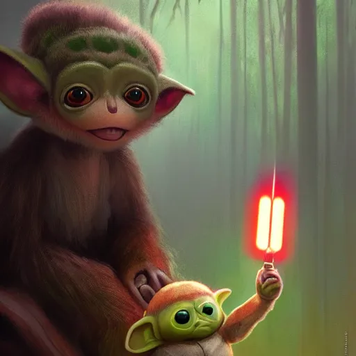 Prompt: Cheburashka and Baby Yoda holding lightsabers, digital painting, artstation, concept art, sharp focus, illustration, art by greg rutkowski and alphonse mucha