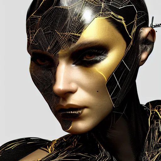 Prompt: portrait of an evil beautiful woman, marble skin, black and gold wires, high - tech, cyberpunk, by kim jung gi, irakli nadar, intricate linework, bright colors, octane render,