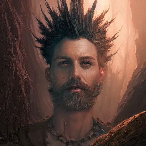 Image similar to highly detailed portrait from a gothic man with a mohawk and designer beard, stephen bliss, unreal engine, fantasy art by greg rutkowski, loish, rhads, ferdinand knab, makoto shinkai and lois van baarle, ilya kuvshinov, rossdraws, tom bagshaw, global illumination, radiant light, detailed and intricate environment