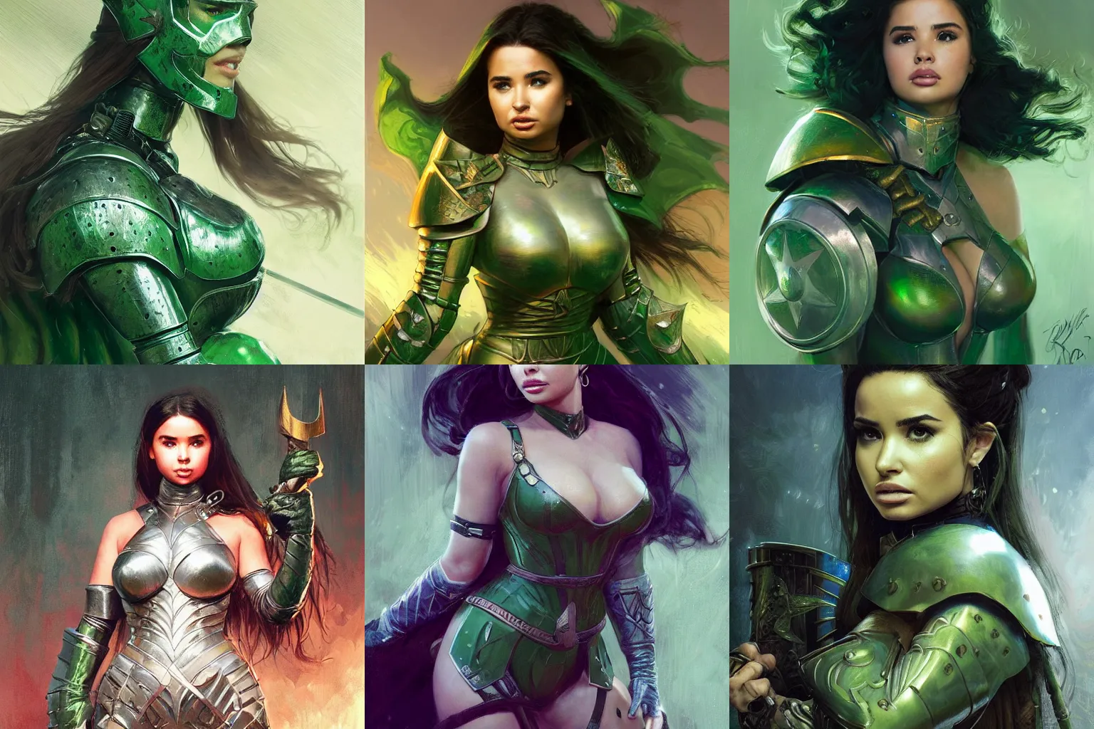 Prompt: Portrait of Demi Rose as a knight in green armor, marvel comics, dark, intricate, highly detailed, smooth, artstation, digital illustration by Ruan Jia and Mandy Jurgens and Artgerm and Wayne Barlowe and Greg Rutkowski and Frank Frazetta