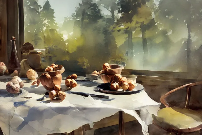 Image similar to paint brush strokes, abstract watercolor painting of walnuts on table cloth, leaves, art by hans dahl, by jesper ejsing, art by anders zorn, wonderful masterpiece by greg rutkowski, cinematic light, american romanticism by greg manchess, creation by tyler edlin