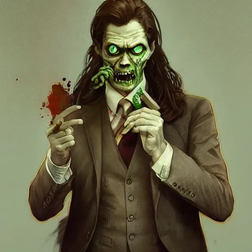 Prompt: a zombie in a business suit, artists portrait, fantasy, highly detailed, digital painting, concept art, sharp focus, depth of field blur, illustration, art by artgerm and greg rutkowski and alphonse mucha