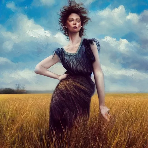 Image similar to a vogue model in a field, oil painting, pale colors, high detail, 8 k, wide angle, trending on artstation,