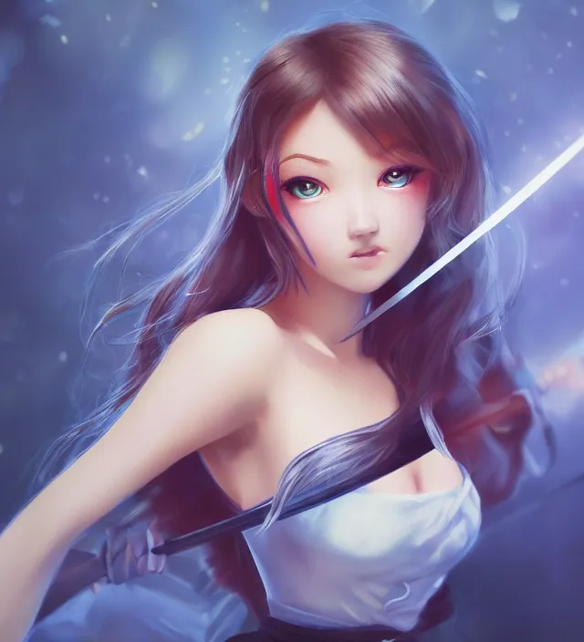 Image similar to illustration rendering of a beautiful girl with swords epic photorealistic portrait in go nagai ishikawa ken disney pixar style depth of field lens flare leica zeiss detailed trending award winning on flickr artstation