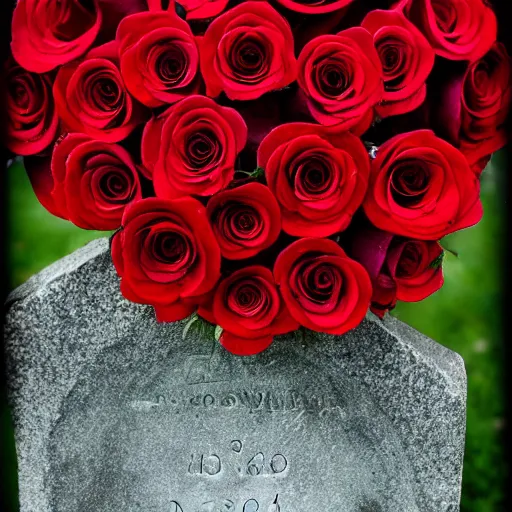 Prompt: red roses, on a grave, fisheye photo, dark