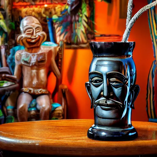 Image similar to a closeup photorealistic photograph of smiling salvador dali at trader vic's bar sitting next to a trader vic's style tiki mug featuring the face of salvador dali. tiki culture. bright scene. 4 k hd image that's trending on artstation, featured on behance, well rendered, extra crisp, features epic composition and the style of unreal engine.