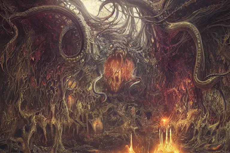 Prompt: a lovecraftian painting of a demonic shrine, occult, moster summoning, warlocks, cosmic horror elements, ultra realistic, concept art, intricate details, eerie, highly detailed, photorealistic, octane render, 8 k, unreal engine. art by artgerm and greg rutkowski and alphonse mucha