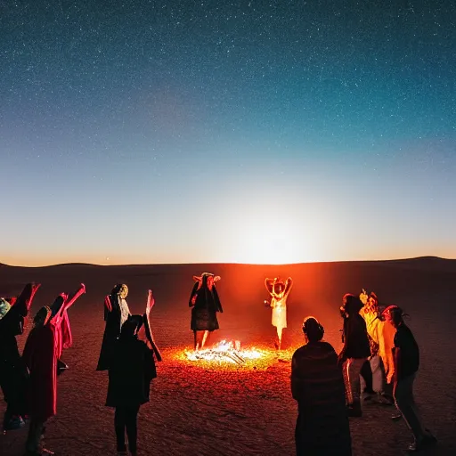 Image similar to photograph of seven ravers, two men, one woman, woman is in a trenchcoat, blessing the earth, seen from behind, talking around a fire, dancefloor kismet, diverse costumes, clean composition, desert transition area, bonfire, starry night, australian desert, xf iq 4, symmetry, sony a 7 r, 1 5 0 mp, 5 0 mm