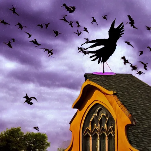 Image similar to A clown on the roof of the church playing with crows, futurist, digital art, dramatic lighting, symbolic