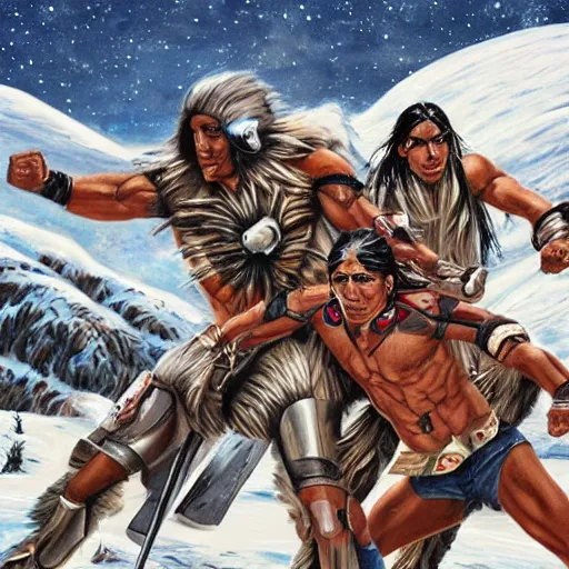 Prompt: majestic native americans fighting cyborg white men in a snowy field, art by neave bozorgi, styled like neave bozorgi, hyper realistic,