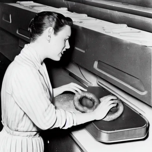Image similar to an early 1950s photo of someone on a computer making a donut in blender