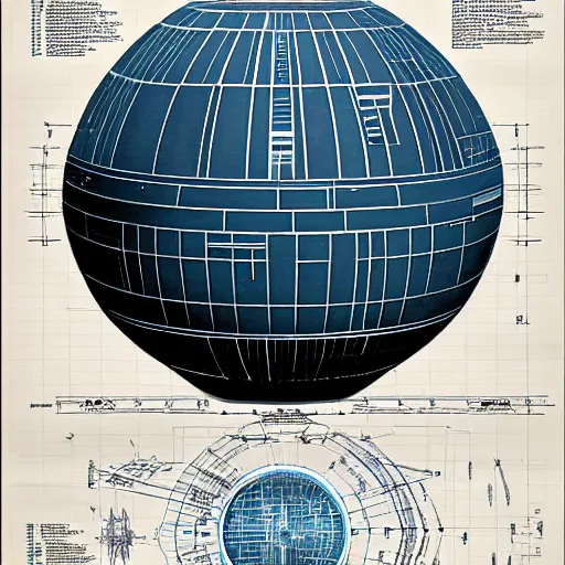 Image similar to blueprints of the Death Star, hyperealistic