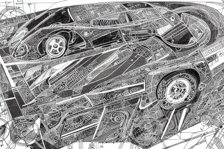 Image similar to a black and white drawing of a porsche 9 5 9 deconstructed schematic, a detailed mixed media collage by hiroki tsukuda and eduardo paolozzi and moebius, intricate linework, sketchbook psychedelic doodle comic drawing, geometric, street art, polycount, deconstructivism, matte drawing, academic art, constructivism