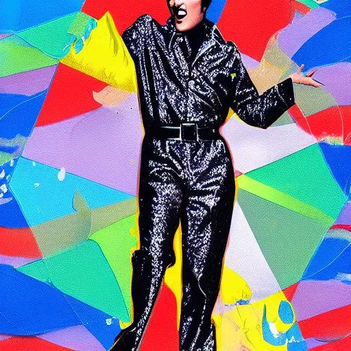 Prompt: elvis presley performing in a jumpsuit, art by alessandro pautasso, rainbow geometric face, fractal, paint splash, full body, cell shaded, beautiful