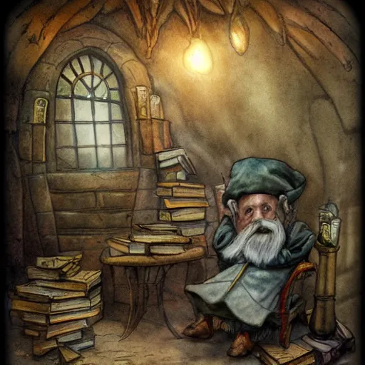 Image similar to dramatic light volumetric light hobbit knome elf whimsical fantastical a muted color watercolor sketch of a old man sitting in big chair next of a fireplace in his whimsical fantastical hobbit house living room surrounded by stacks of books from a whimsical fantastical story book character ifrom the book Baltimore & Redingote by Jean-Baptiste Monge of an old man in the style of by Jean-Baptiste Monge that looks like its by Jean-Baptiste Monge and refencing Jean-Baptiste Monge