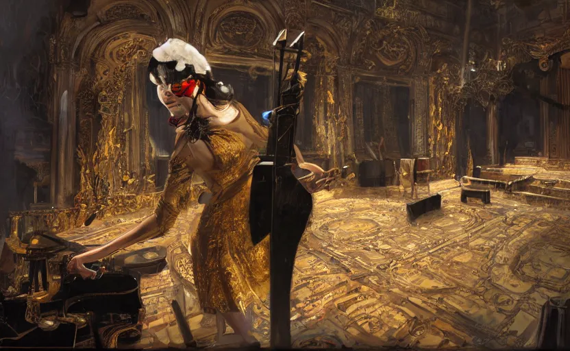 Image similar to craig mullins and ghibli digital art of on the stage of the theater, a masked female violinist performs alone, dressed in exotic costumes, gold jewelry, and black hair realistic shading, cinematic composition, realistic render, octane render, detailed textures, photorealistic, wide shot