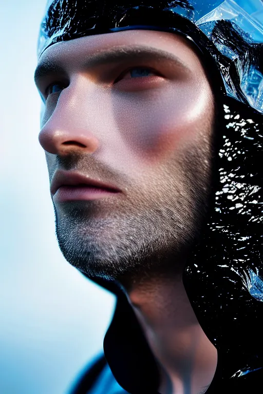 Image similar to an ultra high definition professional high fashion portrait studio full length photograph of a male model wearing a transparent pearlescent raincoat and neon visor in an icelandic black rock environment at dawn. no artefacts. extremely detailed. stark. refraction. shallow depth of field. volumetric light and shadow. ray tracing. light rays.