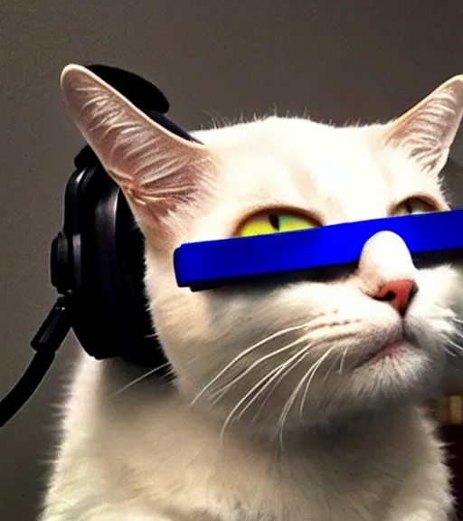 Image similar to a 4 k photorealistic photo of a cat wearing a vr headset on its head