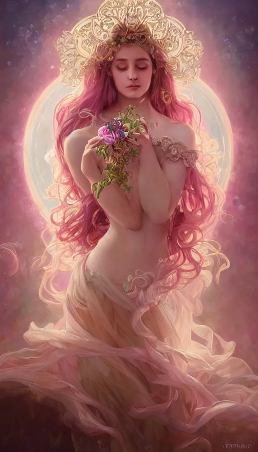 Prompt: portrait of magical dream goddess, ethereal, expressive pose, pink eyes, peaceful expression, ornate frilly dress, fantasy, intricate, elegant, many rainbow bubbles, highly detailed, digital painting, artstation, concept art, smooth, sharp focus, illustration, art by artgerm and greg rutkowski and alphonse mucha