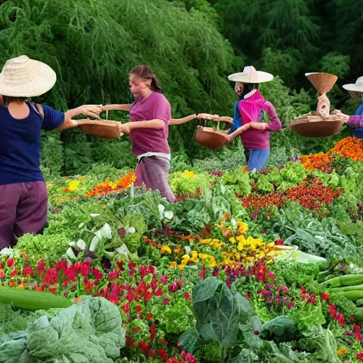 Prompt: the vegetables have their hands full of flowers